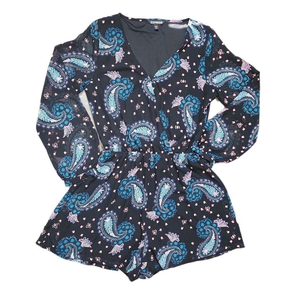 Express Women's Romper Black Paisley Long Sleeve One Piece Lined Small